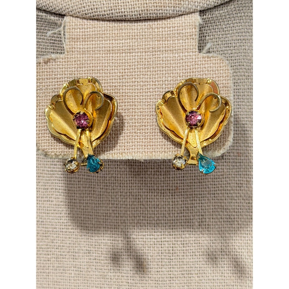 Bugbee & Niles B.N. Vintage Screw Back Earrings‎ Gold Tone Pink Blue Rhinestone
